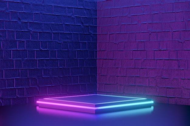 Digital product background. Black block podium with led light  reflects on dark blue pink bricks background. 3D illustration rendering.