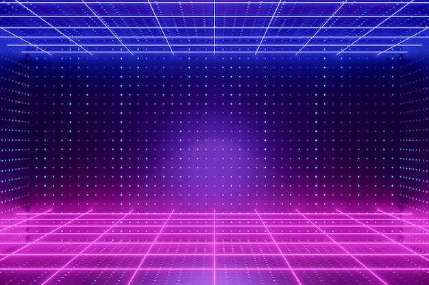 Digital product background. Glow grid light perspective line led light reflects on dark dot effect pink blue background. 3D illustration rendering.