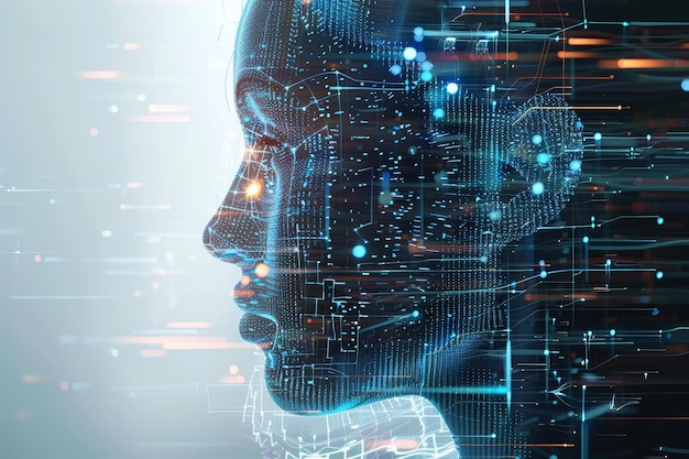 Photo digital profile of a human head with glowing connections visualizing advanced data processing