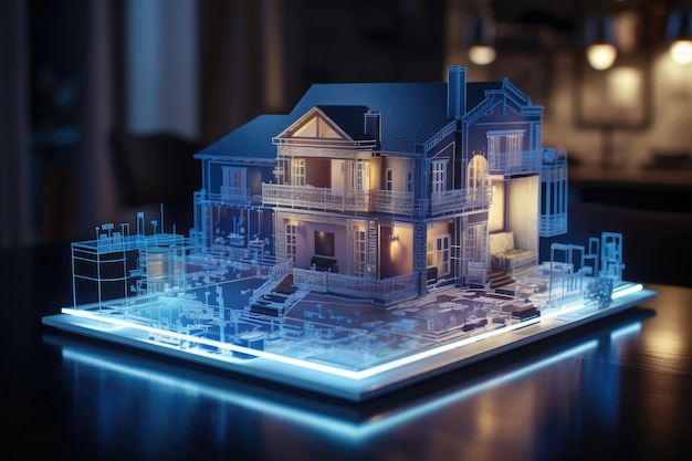 Digital project of residential building House hologram Virtual blueprint of smart home