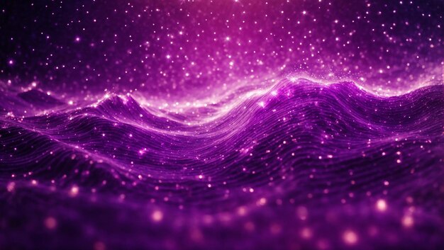 Digital purple particles wave and light abstract background with shining dots stars