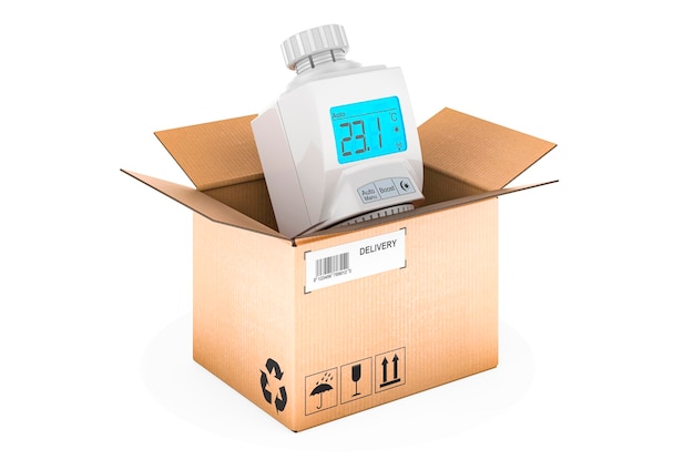 Digital radiator thermostatic valve inside cardboard box delivery concept 3D rendering