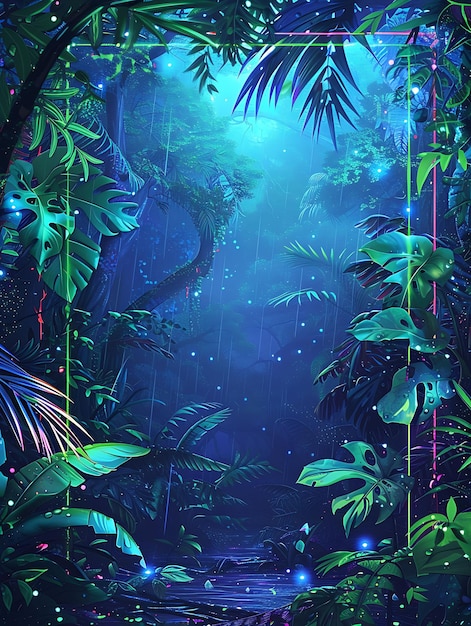 Digital Rainforest Arcane Frame With Pixelated Trees and Neo Neon Color Background Art Collection