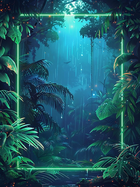 Digital Rainforest Arcane Frame With Pixelated Trees and Neo Neon Color Background Art Collection