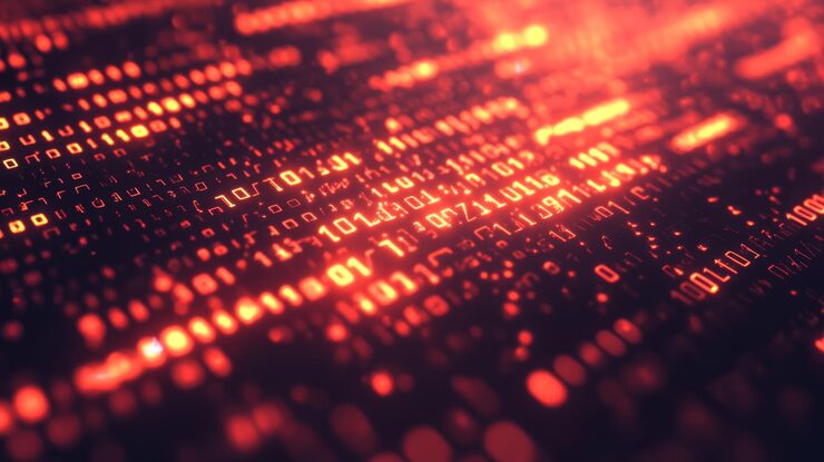 Photo a digital red matrix wall background with numbers and letters binary code and computer data virtual internet network program digit code cyberspace security pattern