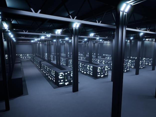 Digital render farm with racks and lights, AI disruptive technology. Big data server room with network connection and global tech storage, internet of things. 3d render animation.