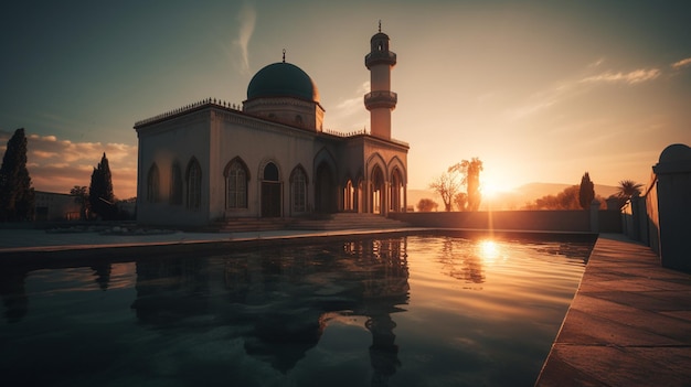 A digital render of a mosque in the evening