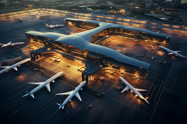 A digital rendering of the airport at night.