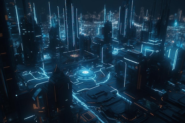 A digital rendering of a city with a blue light that says'cyber city '