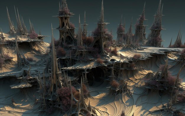 A digital rendering of a fantasy landscape.