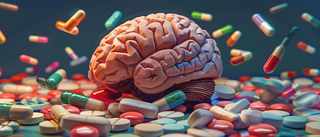 A digital rendering of a human brain surrounded by an assortment of pills