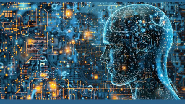 복잡한 회로 패턴과 조명으로 인 인간의 얼굴의 디지털 렌더링은 기본 알고리즘에서 고급 컴퓨터로 기계 학습의 진화를 조명합니다.