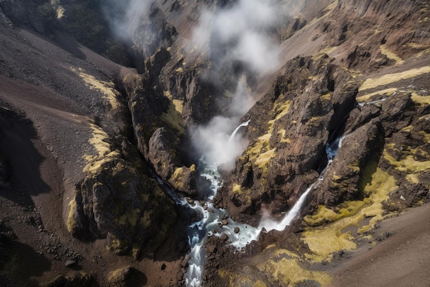 A digital rendering of a mountain landscape with a waterfall flowing down it.