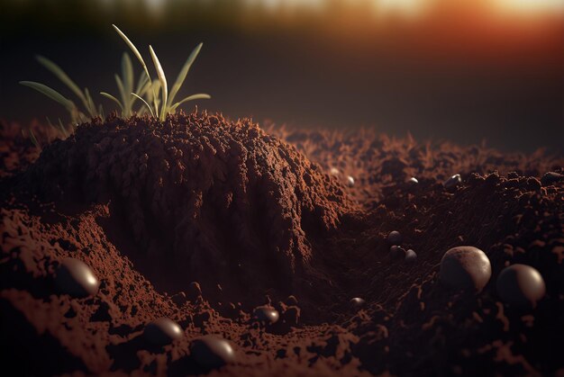 A digital rendering of a plant growing out of the ground.