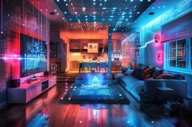 Photo a digital rendering of a smart home interior with glowing random holographic icons representing various connected devices and appliances