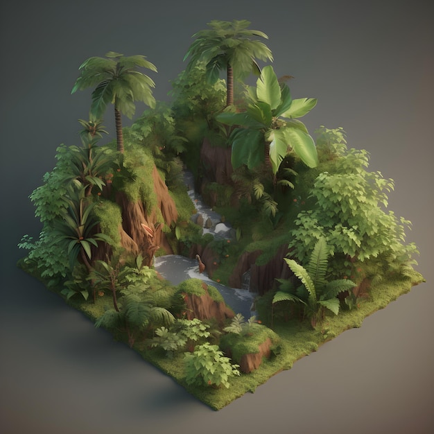 Цифровая визуализация тропического леса с водопадом посередине.