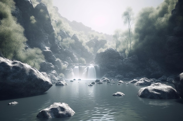 A digital rendering of a waterfall in a forest.