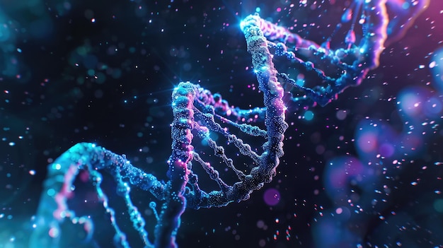 A Digital representation of a glowing DNA double helix with bright blue and purple highlights