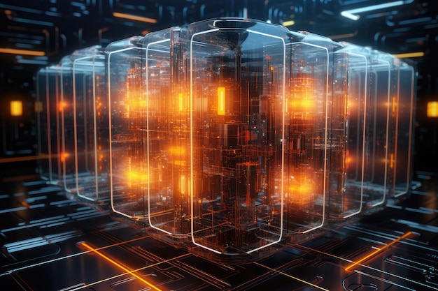 Цифровое представление квантового компьютера оранжевые компьютерные платы микрочипы Аи генерируются