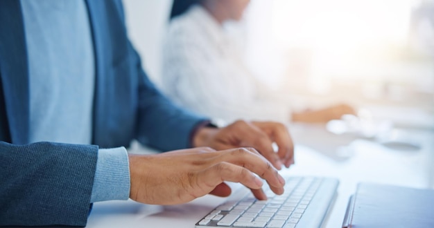 digital research developer and programmer writing programming software or coding app on computer at desk in workplace laptop hands typing and business man in office working on job email or report