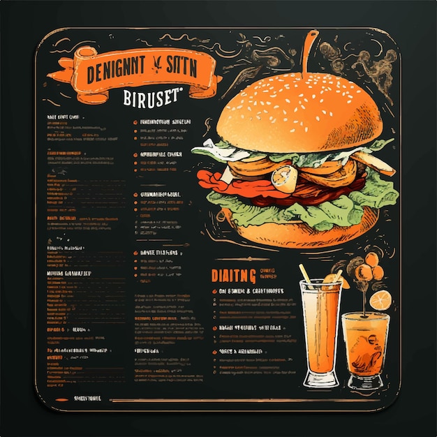 Фото Шаблон горизонтального формата цифрового меню ресторана с напитком и гамбургером