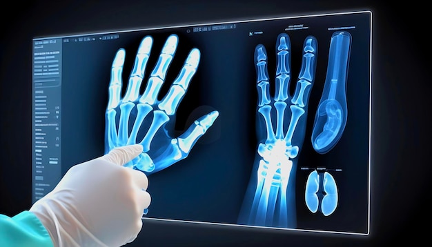 Digital Revolution in Medicine Doctor Reviewing XRay showing bones on the bottom of the thumb