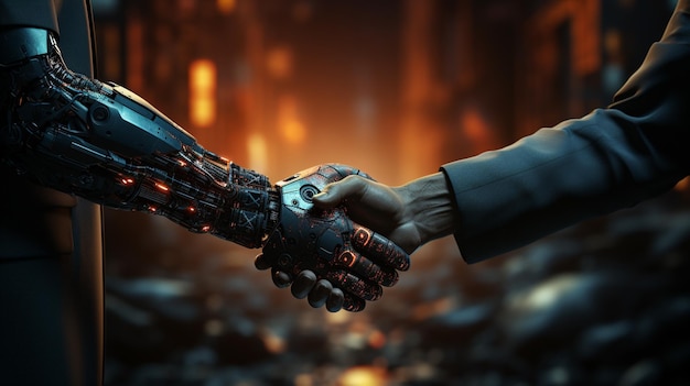 Цифровой робот рукопожатие человеческой руки Generative Ai