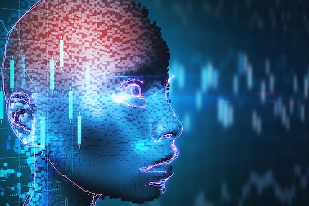digital robotic head with glowing forex charts