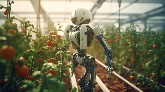 Digital robots tending to greenhouse tomatoes