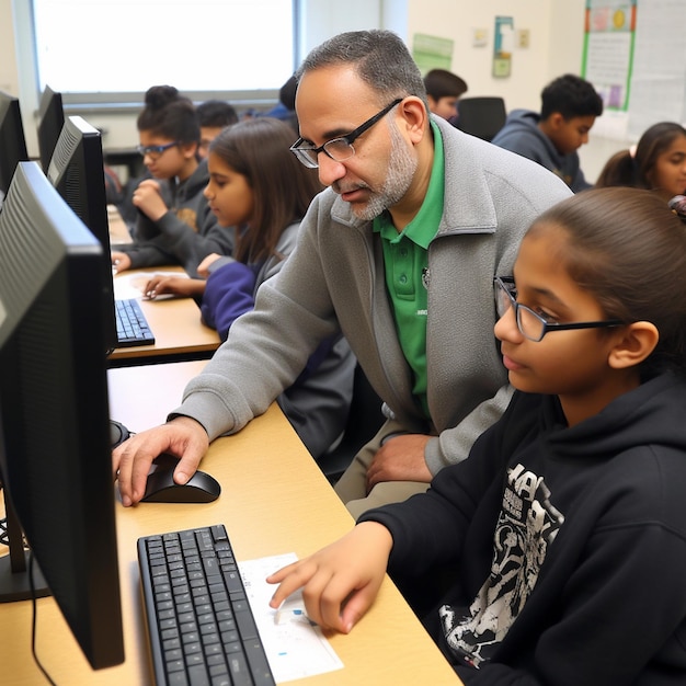 Photo digital savvy educator instructing students in computer lab