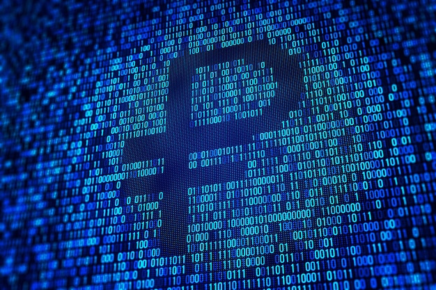 A digital screen displaying blue binary code concept of data technology and cyber information on a dark background 3D Rendering