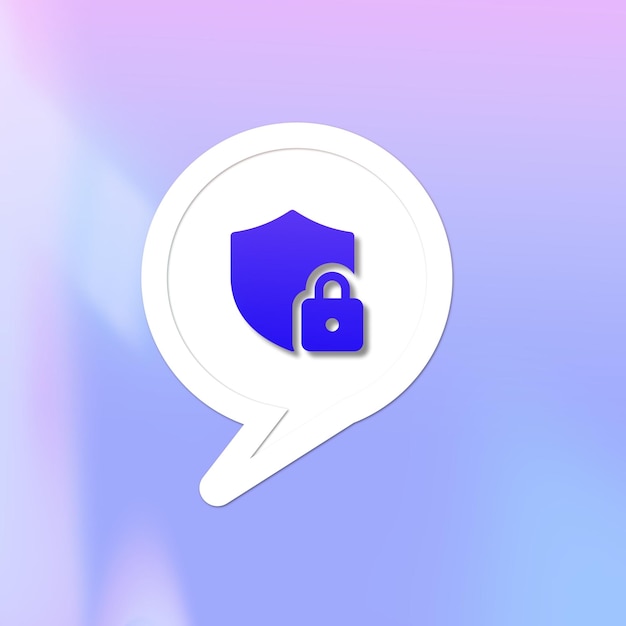 Digital security concept with a shield and padlock icon inside a speech bubble on a blue background