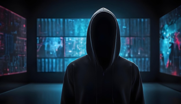 digital security hooded figure amidst the neon battlefield of bytes