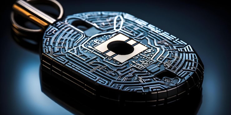 Photo digital security key with abstract binary code elements concept digital security abstract binary code data protection cybersecurity measures encryption technology