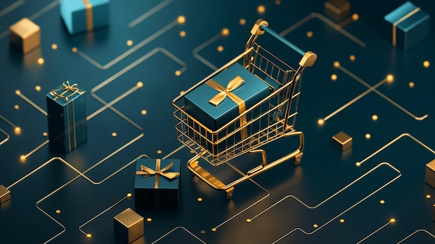 Digital shopping concept with cart and gifts on circuit board