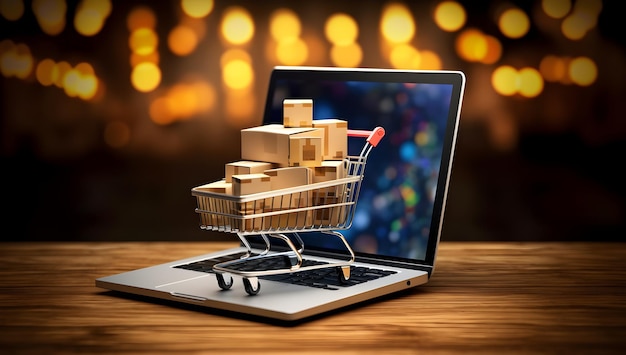 Digital Shopping Laptop with Cart Full of Packages