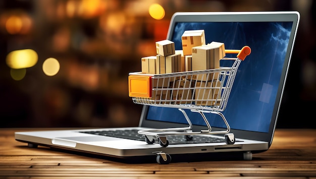 Digital Shopping Laptop with Cart Full of Packages