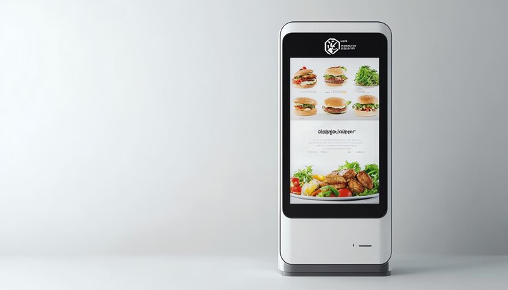 Photo digital signage display featuring burger menu and salad