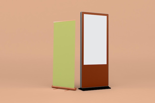 Digital Signage and Rollup Perspective Side Isolated In Orange Background