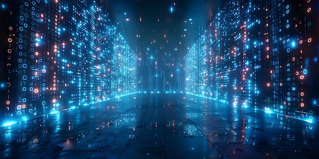 Digital Signboard Displaying Neon Blue Binary Code Pattern Symbolizing Computer Programming and Big Data Concept Neon Binary Code Digital Signboard Computer Programming Big Data Blue Pattern (Digitaal tekenbord dat computerprogrammering en big data symboliseert)