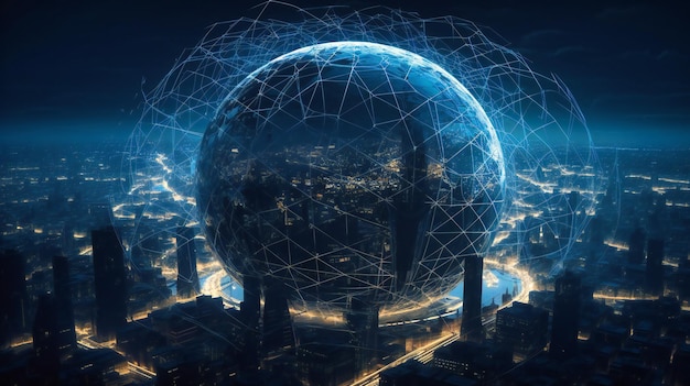 The digital skyline and the city with wires in the center of a round globe