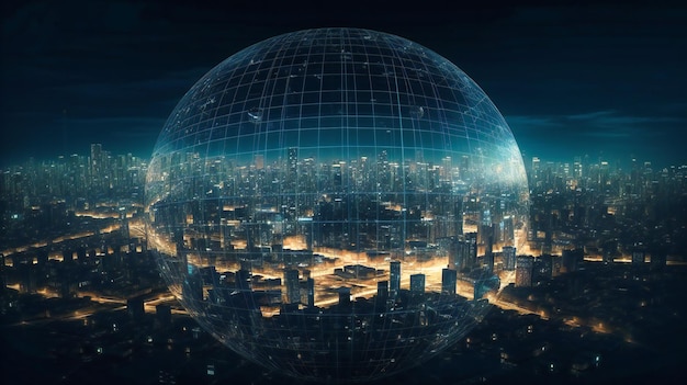 둥근 지구 중심에 전선이 있는 디지털 스카이라인과 도시