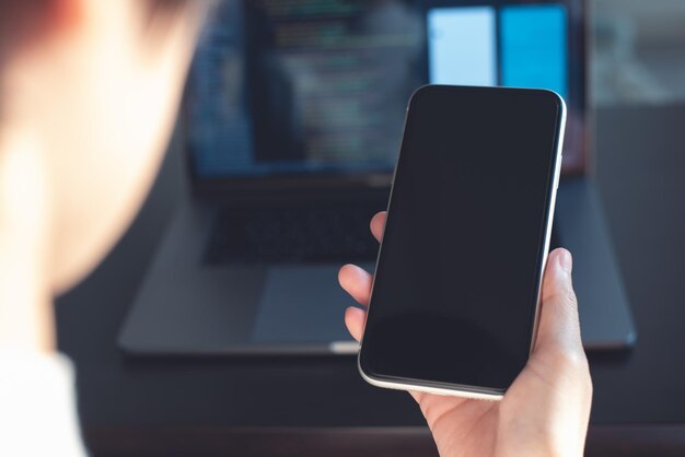 Digital software technology or mobile app development concept Programmer software developer coding programming Javascript on laptop computer