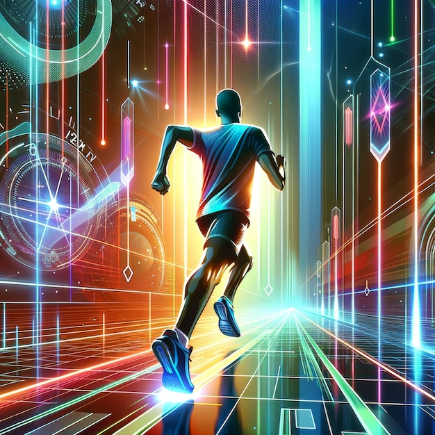 Digital Sprint Runner Pierces through Neon Light Streams