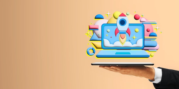 digital startup concept with a rocket launching from a laptop