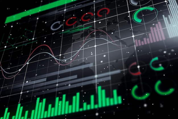 Digital stats data analysis interface with green and red statistic indicators on dark background 3D rendering