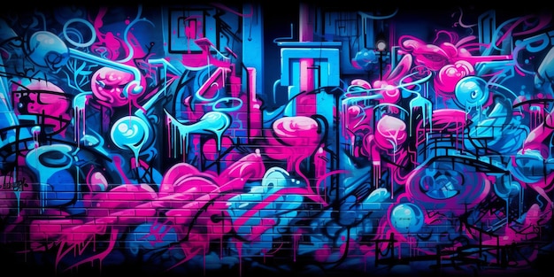 Foto sfondo graffiti ispirato alla strada digitale caratterizzato da una fusione di colori blu rosa e nero generative ai