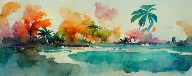 Digital structure of painting Watercolor summer tropic landscape
