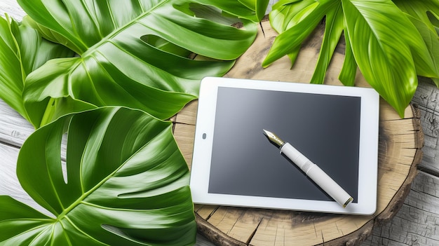 Digital Tablet Amidst Lush Green Foliage A Blend of Nature and Technology