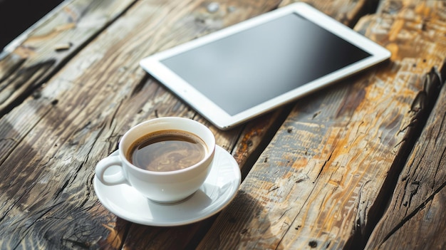 Digital tablet and cup of coffee on old wooden desk Simple workspace or coffee break in morning selective focus